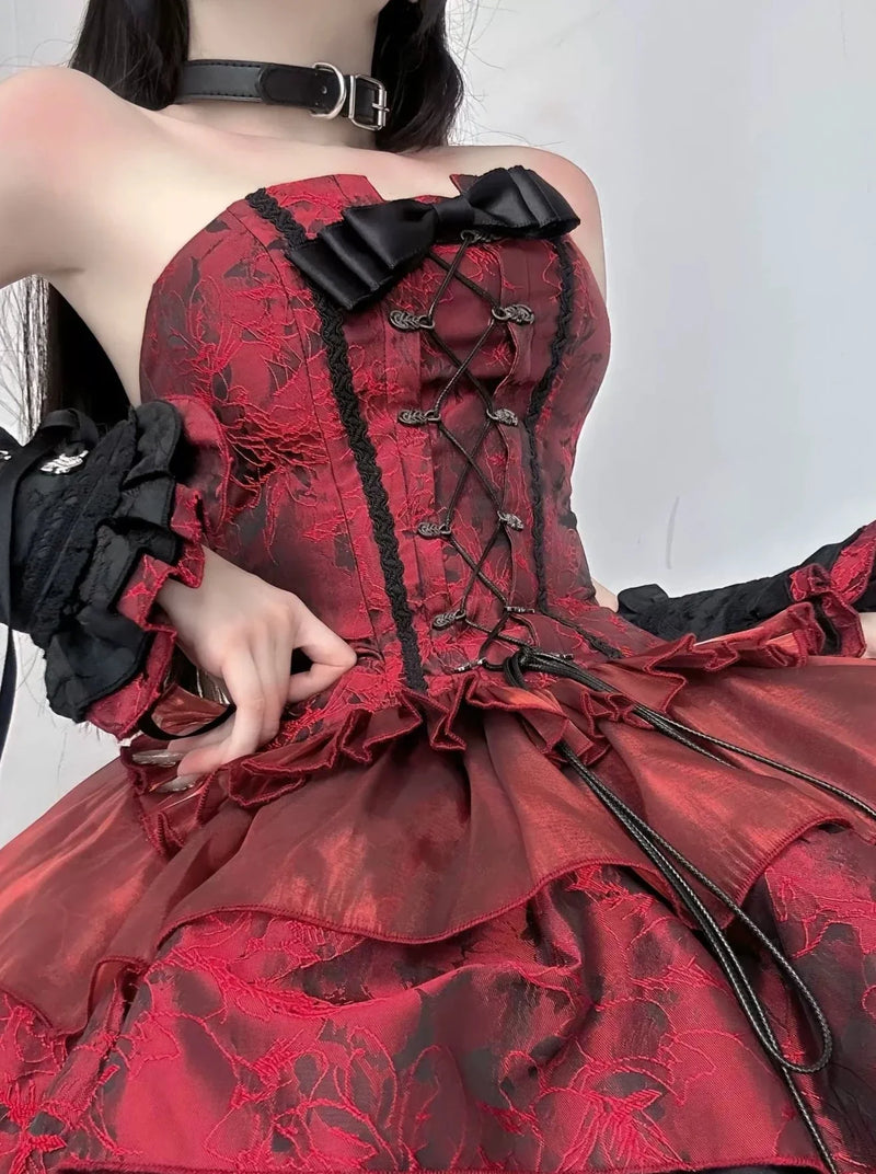 Jacquard Puff Sleeve Vest + Fishbone Corset + Flared Skirt