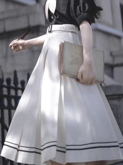 Retro French Sailor Collar Puff Sleeve Shirt + Box Pleat Skirt + Bunny Ear Necktie [pre-order]