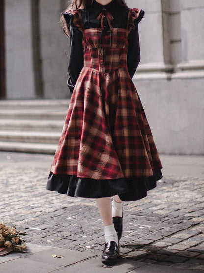 Retro Suit Black Ruffle Sleeve Shirt + Plaid Ruffle Shoulder Layered Dress + Ribbon Accessories [pre-order]