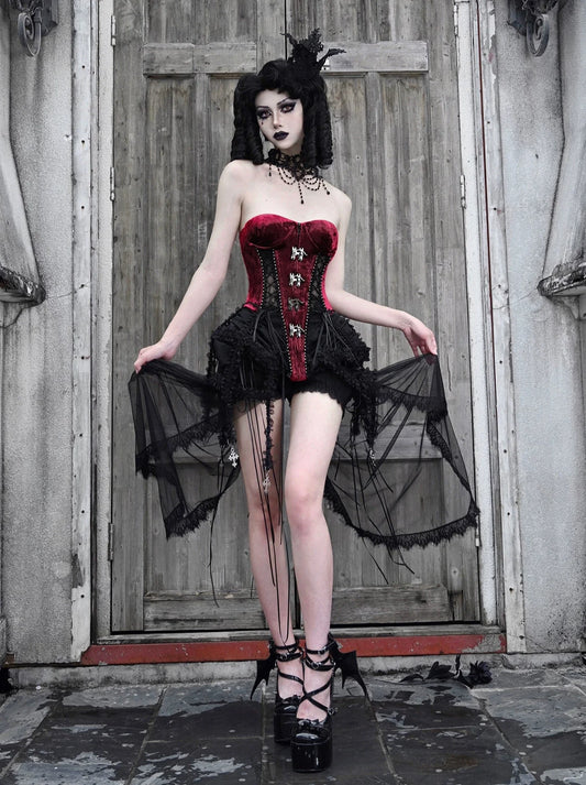 Hell Alice Gothic Dark Fishbone Strap Corset Tulle Dress Set