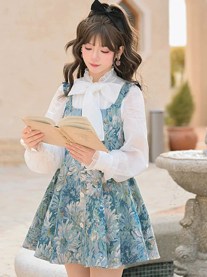 Chiffon Ruffled Bow Tie Shirt + Forest Oil Paint Taste Suspender Dress