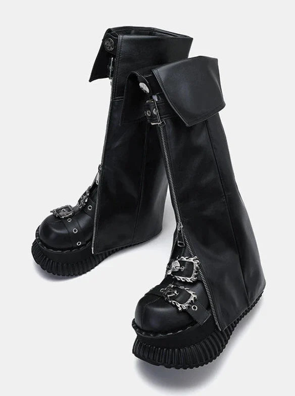 Punk Platform Muffin Shoes + Flap Leather Zip Leg Cover Set