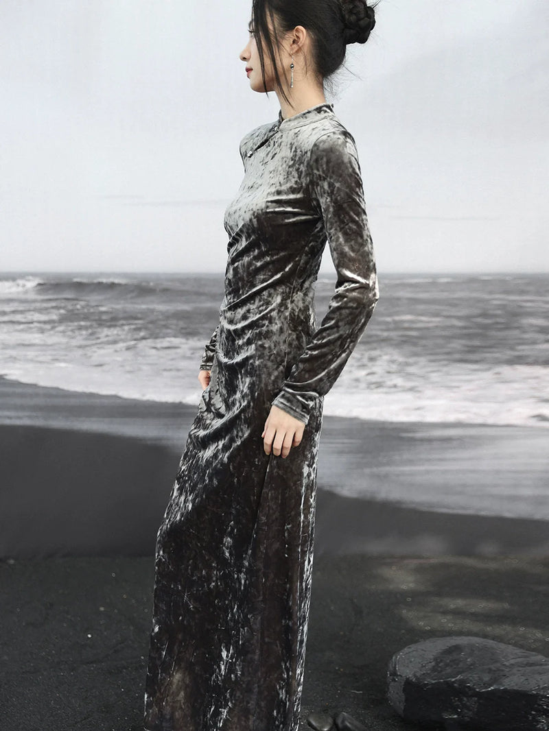 Chinese-style Gold Diamond Velvet Dress