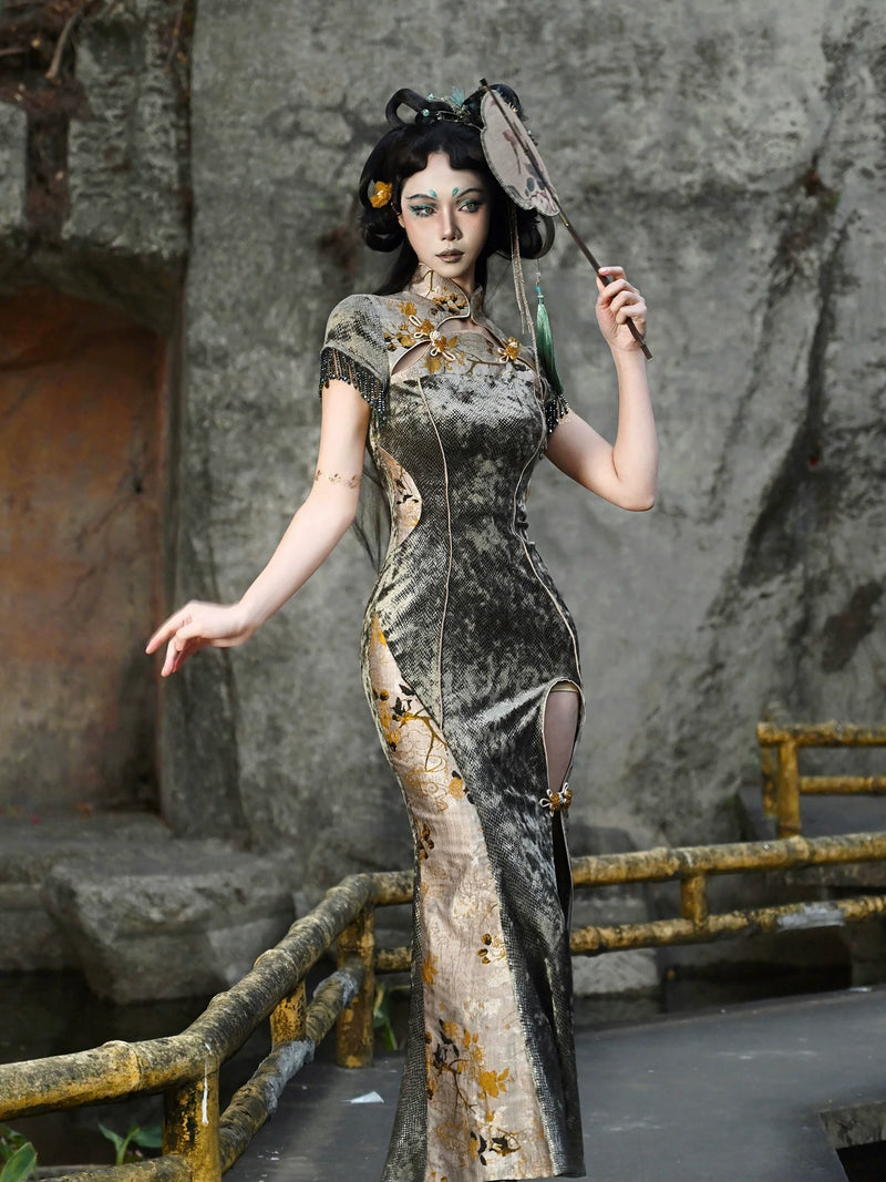 Dragon Festival Buckle Slim Mermaid Long Slit Cheongsam Dress