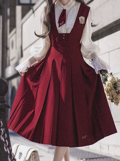 Retro College Lace Chiffon Shirt + Red Sundress + Red Necktie + Emblem Badge