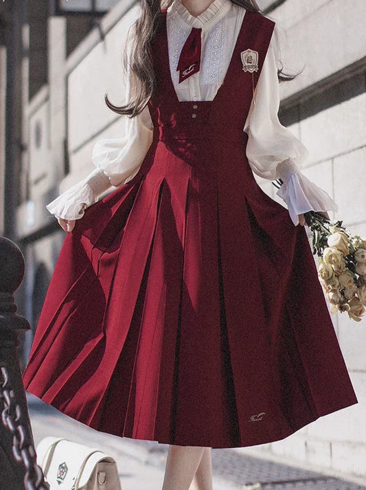 Retro College Lace Chiffon Shirt + Red Sundress + Red Necktie + Emblem Badge