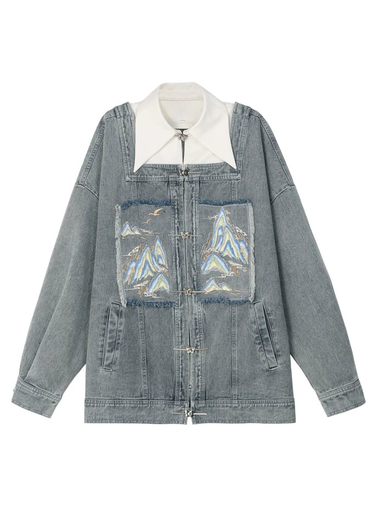Chinese-style Design Polo Denim Jacket + Jacket + Short Jacket + Denim Skirt
