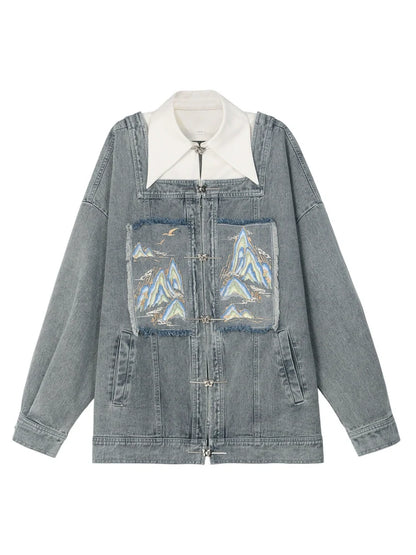 Chinese-style Design Polo Denim Jacket + Jacket + Short Jacket + Denim Skirt