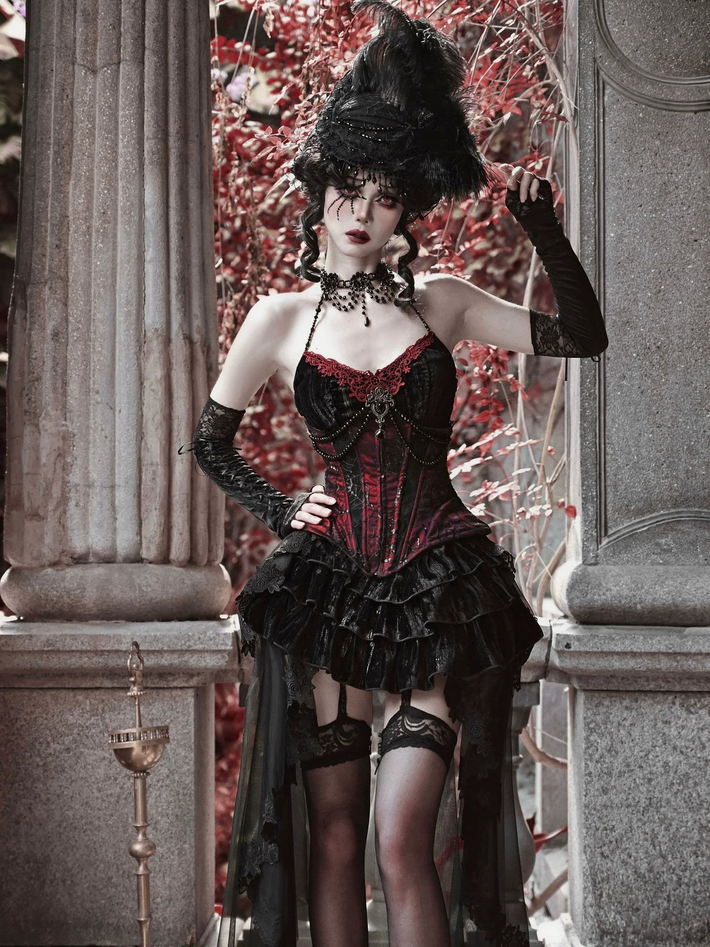 Duchess Gothic Velvet Long Tail Belt Suspender Tulle Dress Suit
