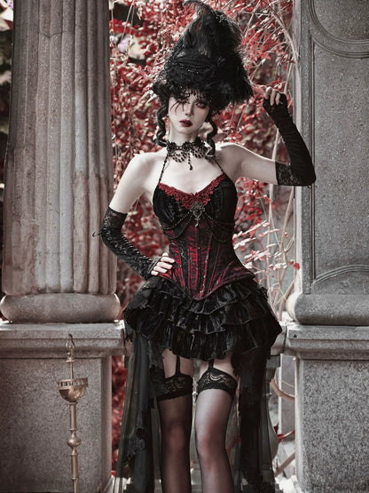 Duchess Gothic Velvet Long Tail Belt Suspender Tulle Dress Suit