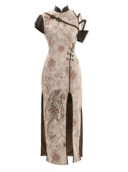 Retro Punk Strap Dragon Embroidery Chinese-style Slit Dress