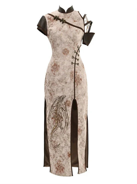 Retro Punk Strap Dragon Embroidery Chinese-style Slit Dress