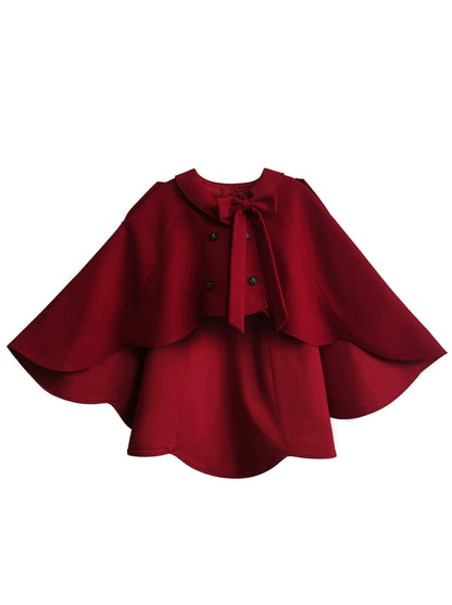 Retro Red Cape Coat + Black Ruffle Fake Two-piece Dress