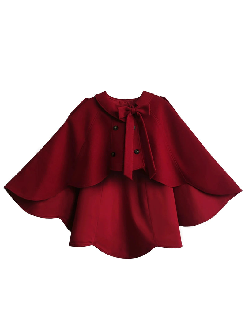 Retro Red Cape Coat + Black Ruffle Fake Two-piece Dress