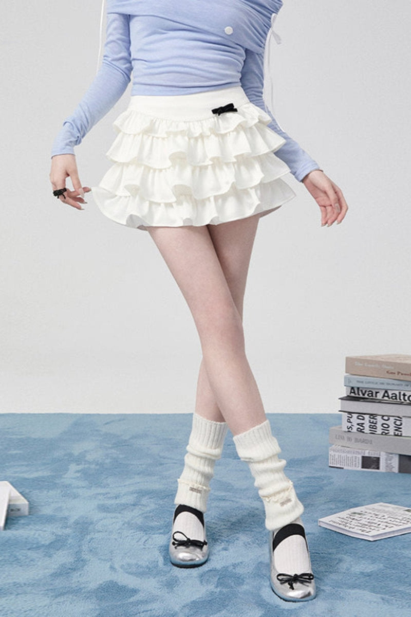 Bow One Shoulder Knit Top + Pleated Skirt + Ribbon Tiered Skirt