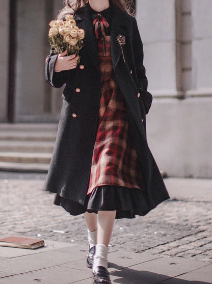 Retro Suit Black Ruffle Sleeve Shirt + Plaid Ruffle Shoulder Layered Dress + Ribbon Accessories [pre-order]