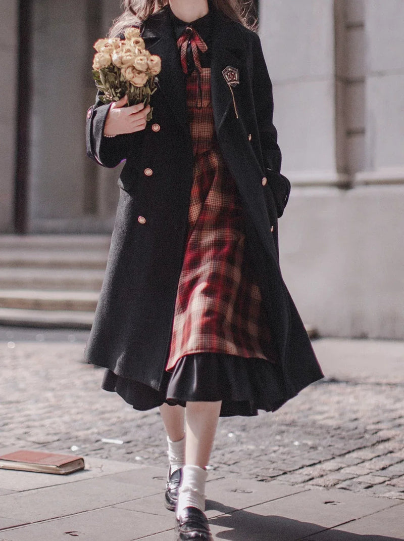 Retro Suit Black Ruffle Sleeve Shirt + Plaid Ruffle Shoulder Layered Dress + Ribbon Accessories [pre-order]