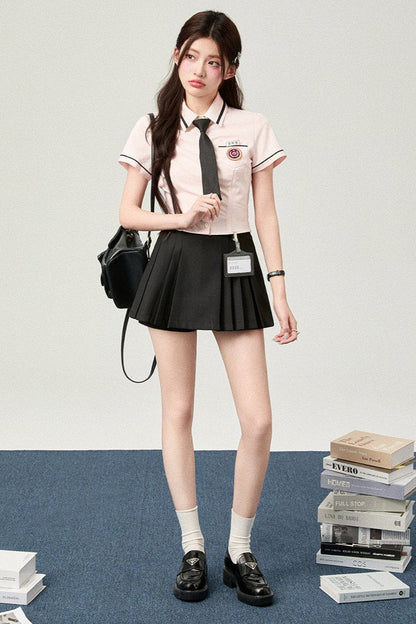Short Sleeve Slim Waist Shirt + Hip Skirt