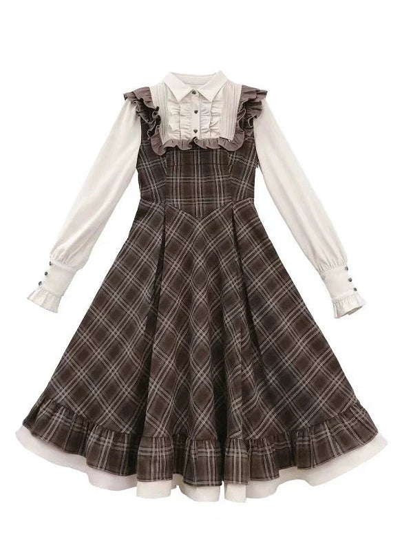 Retro Brown Plaid Volume Sleeveless Layered Dress + Pearl Ribbon Accessory + Classic Belt Coat [pre-order]