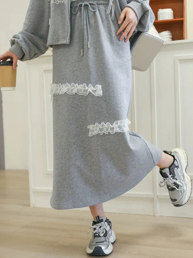 Lace Embroidery Gray Zip Hoodie + Gray Long Skirt [pre-order]