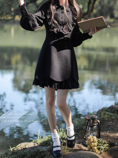 Retro Red Cape Coat + Black Ruffle Fake Two-piece Dress