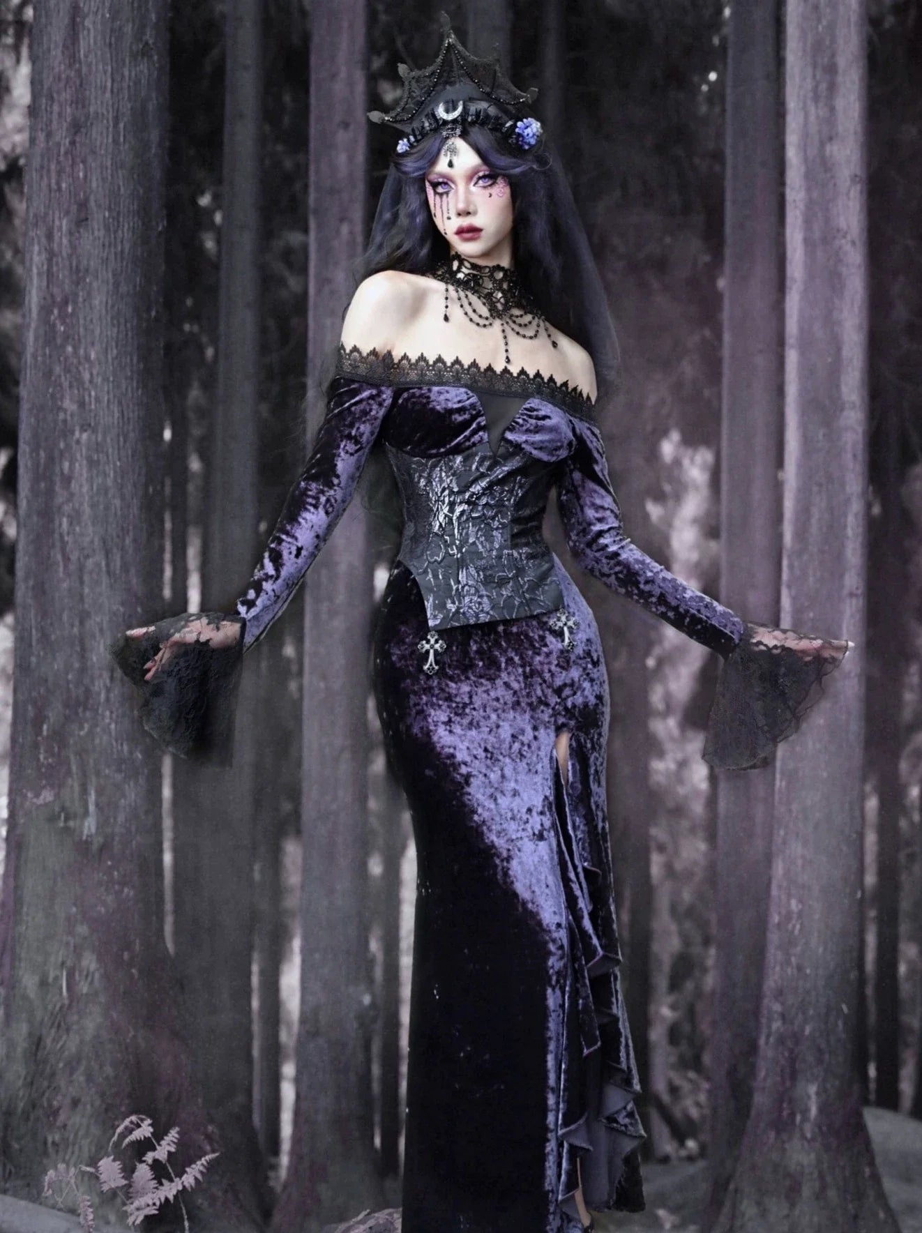 Luna Gothic Velvet One-shoulder Slim Mermaid Slit Dress