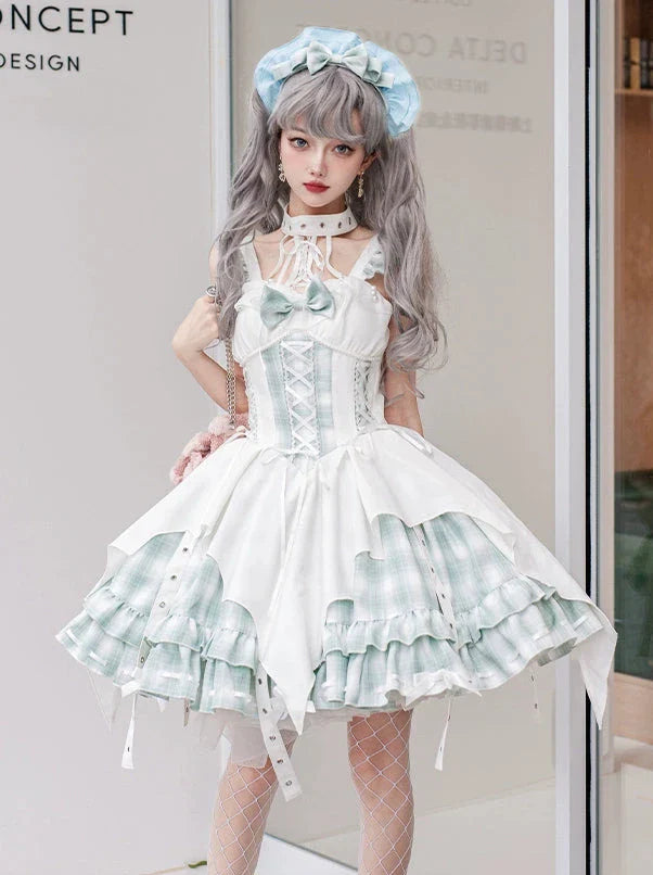 Punk Rock Halterneck Irregular Plaid Suspender Dress + Head Accessories