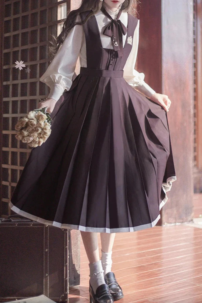 Retro Japanese-style Sleeve Knit Cardigan + Ruffle Stand Collar Shirt + Vest Dress + Ribbon + Corsage