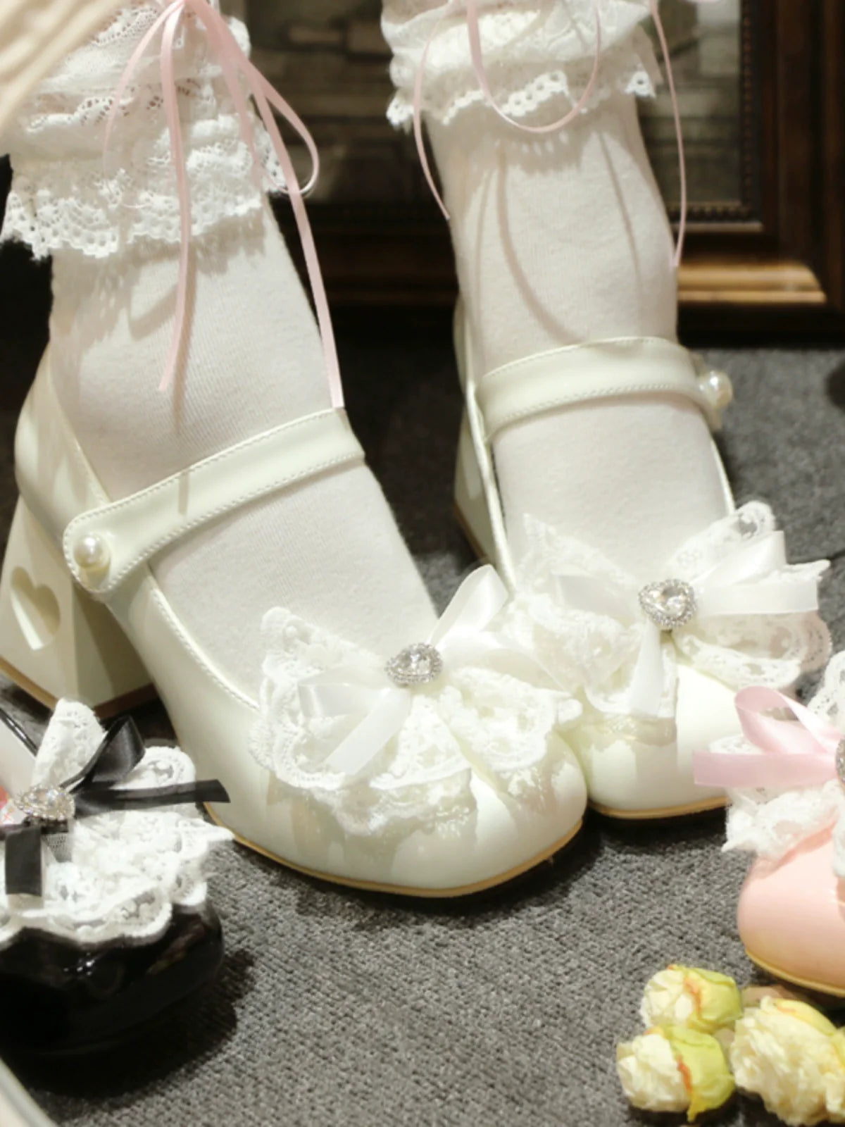 Lolita French Lace Ribbon Square Toe Love Heel Shoes