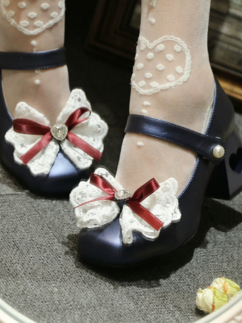 Lolita French Lace Ribbon Square Toe Love Heel Shoes