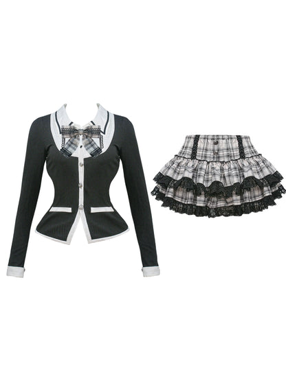 Black Knit Cardigan Tiered Skirt Set