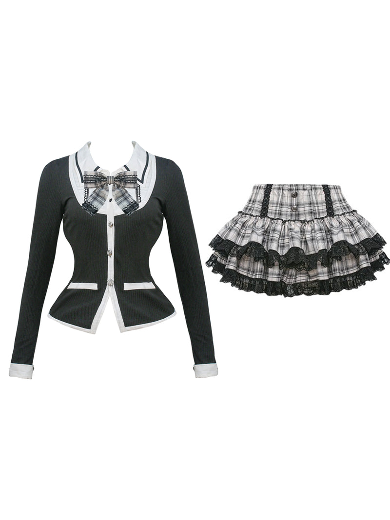 Black Knit Cardigan Tiered Skirt Set