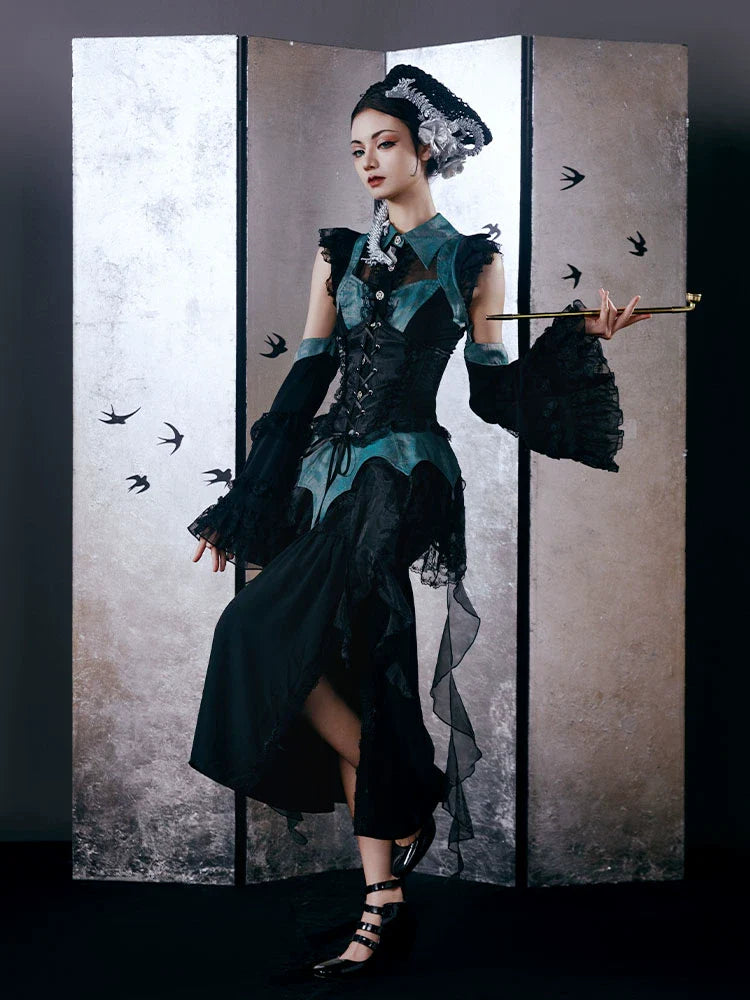 [pre-order] Chinese-style Gothic Subculture Fishtail Skirt + Top + Waist Corset