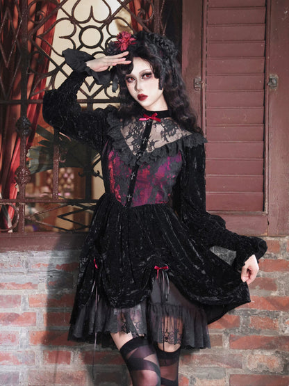 Rose Cemetery Gothic Dark Red Velvet Puff Sleeve Lace Dress