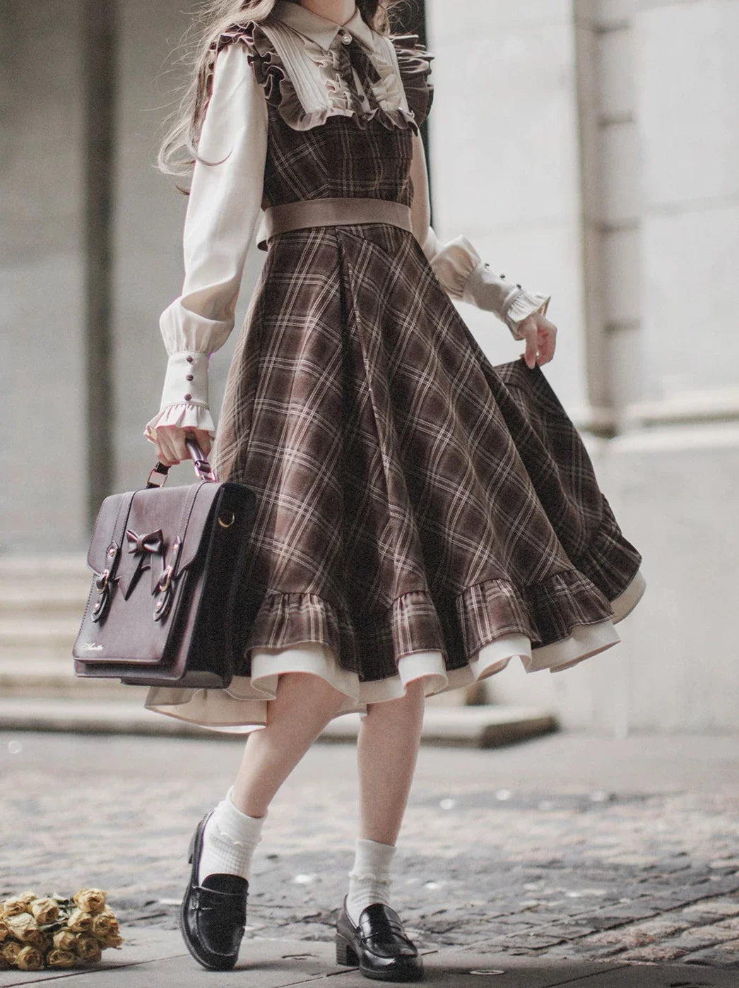 Retro Brown Plaid Volume Sleeveless Layered Dress + Pearl Ribbon Accessory + Classic Belt Coat [pre-order]
