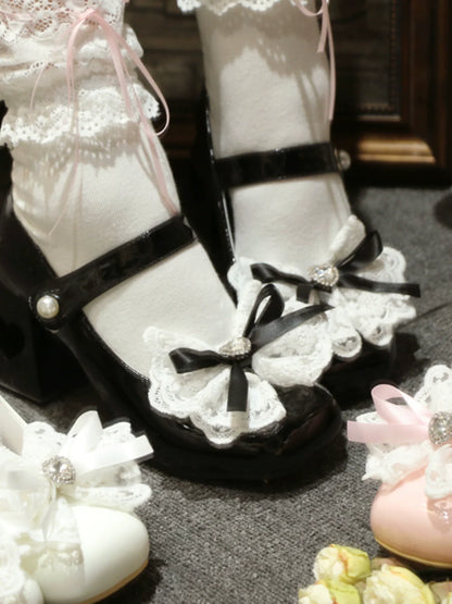 Lolita French Lace Ribbon Square Toe Love Heel Shoes