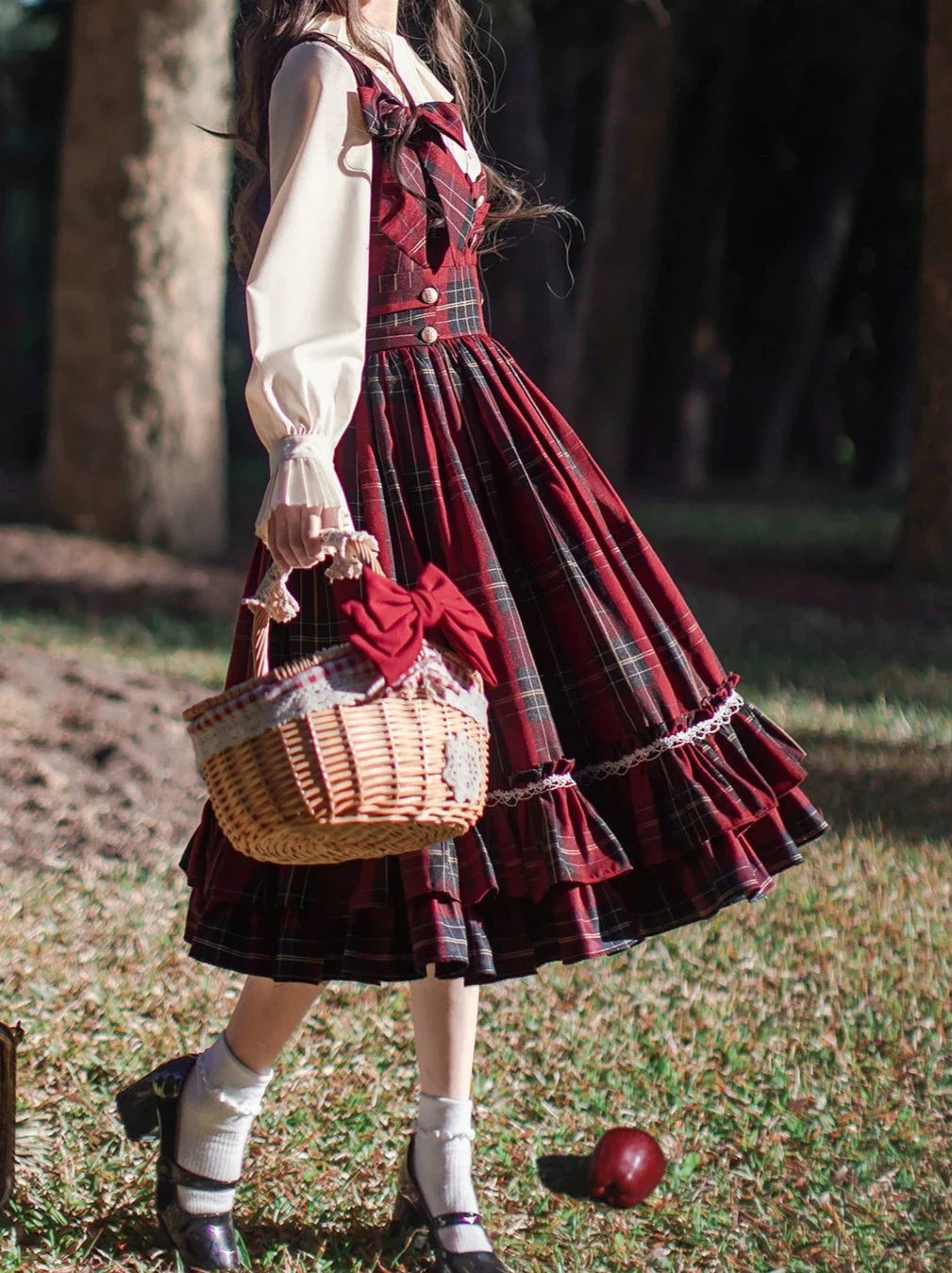 Little Red Riding Hood Cape Ribbon Coat + Pleated Collar Shirt + Plaid Tiered Dress + Head Scarf