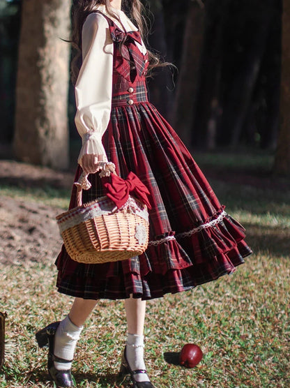 Little Red Riding Hood Cape Ribbon Coat + Pleated Collar Shirt + Plaid Tiered Dress + Head Scarf