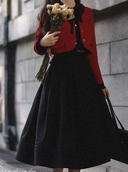 Retro Suit Red Short Jacket + Black Ruffle Lantern Sleeve Dress + Ribbon Tie