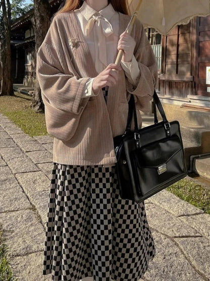 Sakura Note Showa Retro Haori Jacket + Chiffon Ribbon Shirt + Checkered Skirt + Dark Gray Skirt + Brooch