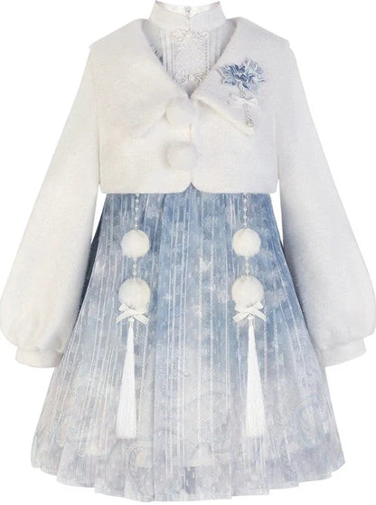 Ice Blue Chinese-style Dress + Fur Short Coat