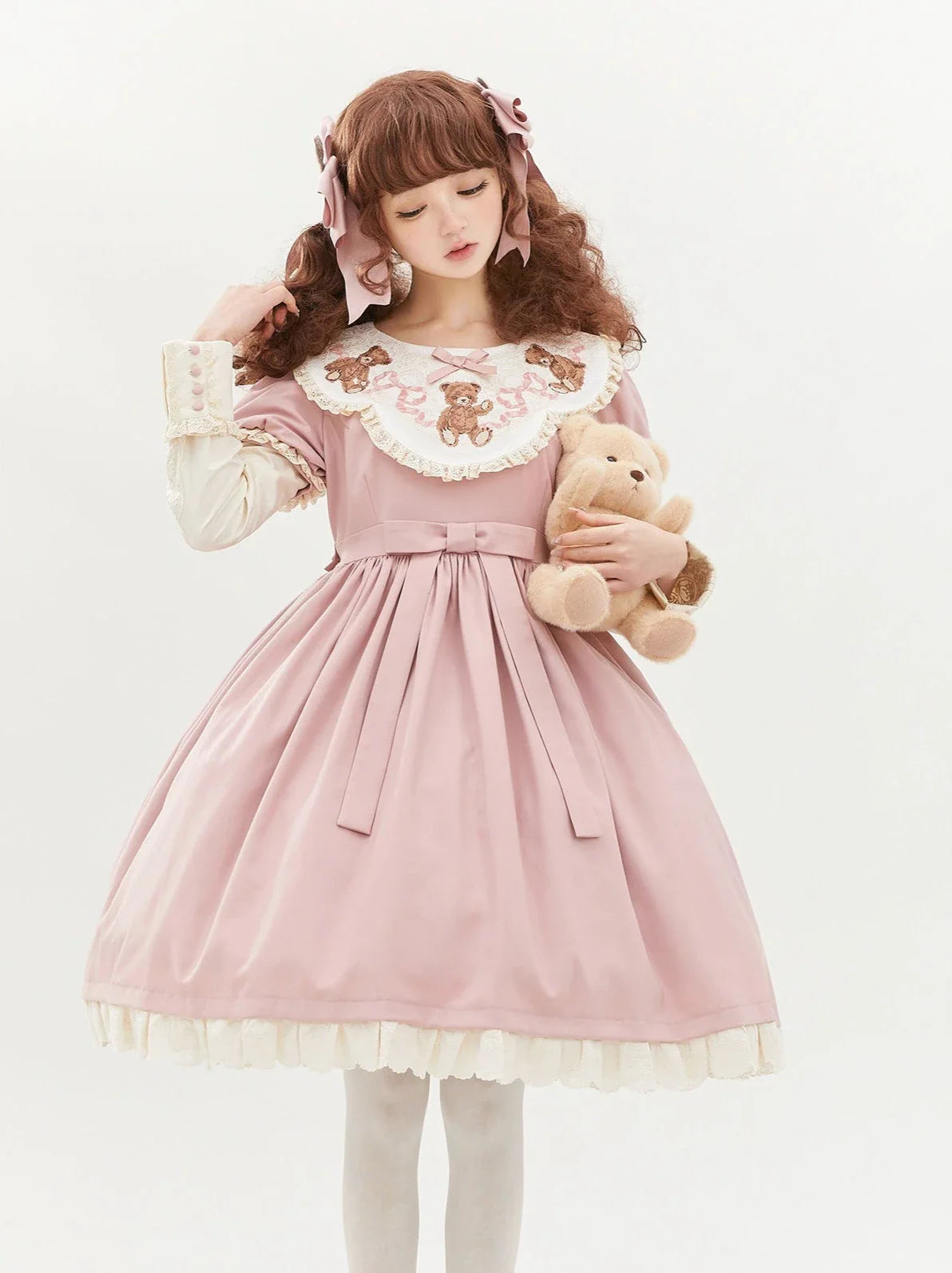 [pre-order] Lolita Teddy Bear Flap Lace Puff Sleeve Ribbon Dress
