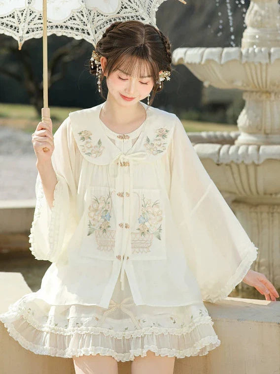 Forest Chinese-style Attached Collar Sheer Ruffled Shirt + Skirt [pre-order]