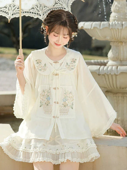 Forest Chinese-style Attached Collar Sheer Ruffled Shirt + Skirt [pre-order]