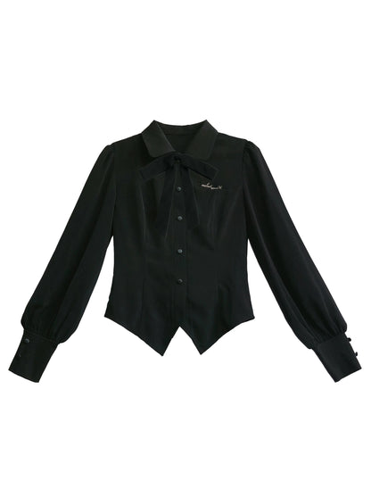 Retro Black Ribbon Volume Sleeve Shirt + Ruffle Shoulder Suspender Skirt