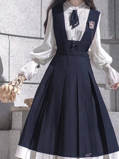 College Style Retro Ruffle Chiffon Blouse + Cyan Dress + Beret + Emblem + Necktie