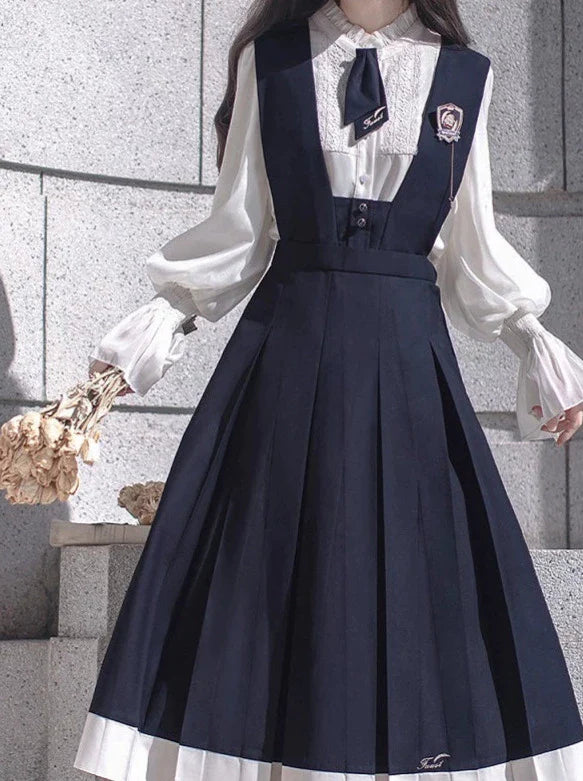 College Style Retro Ruffle Chiffon Blouse + Cyan Dress + Beret + Emblem + Necktie