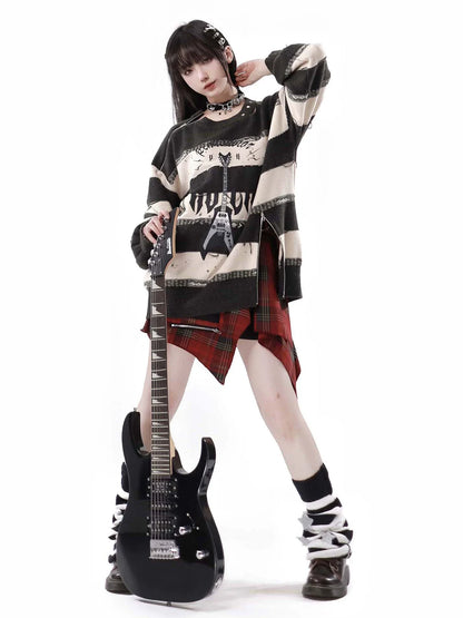 Sound Wave Zip Guitar Striped Top + Two-piece Skirt Set