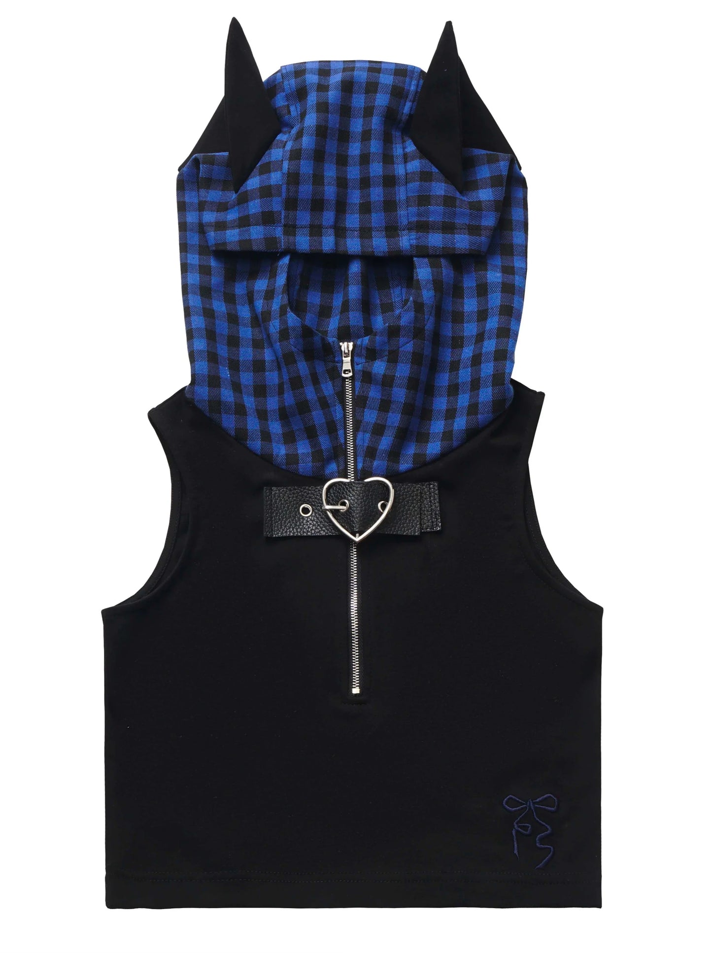 Blue Plaid Stitch Cat Ear Hoodie Summer Strap Design Suit