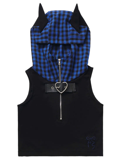 Blue Plaid Stitch Cat Ear Hoodie Summer Strap Design Suit